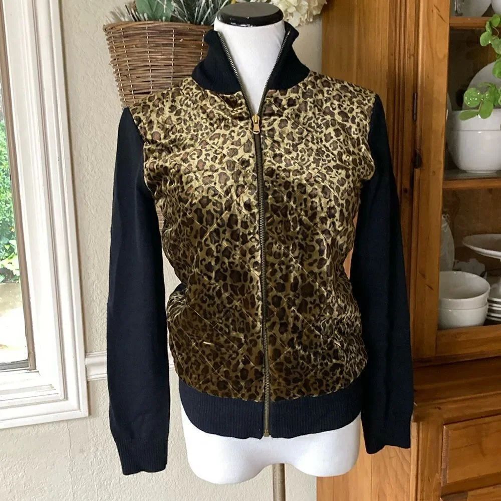 Lauren Ralph Lauren Velvet Leopard Print Full Zip Wool Blend Sweater Jacket SzS